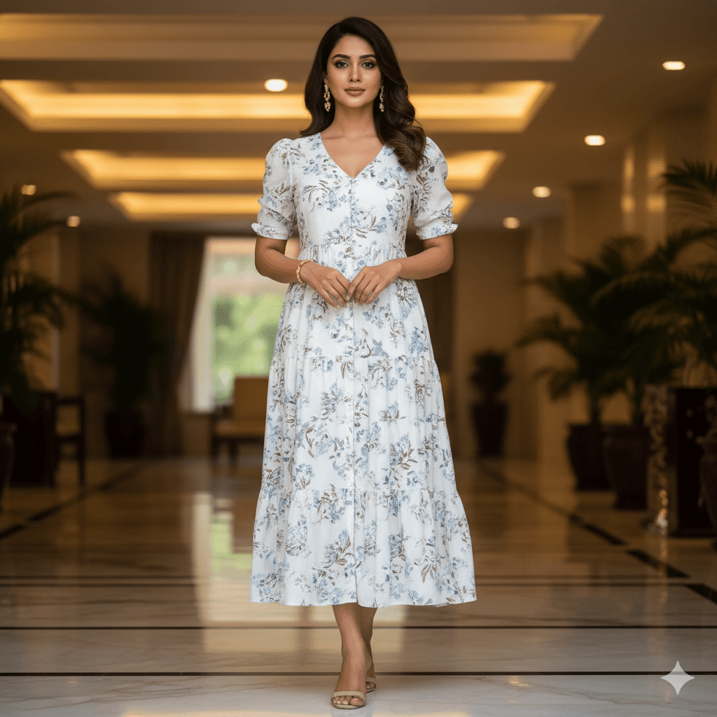 Puff-Sleeve Floral Tiered Midi