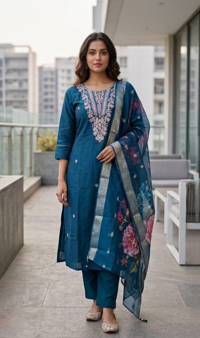 Teal blue cotton-silk ethnic suit set