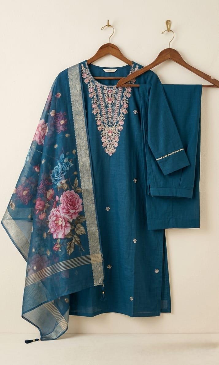 Teal blue cotton-silk ethnic suit set