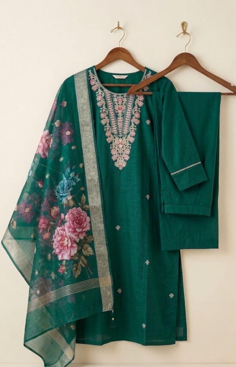 Dark green silk-blend kurta set