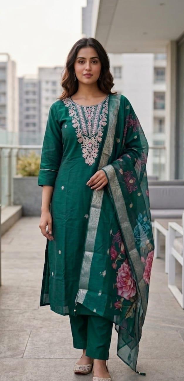 Dark green silk-blend kurta set