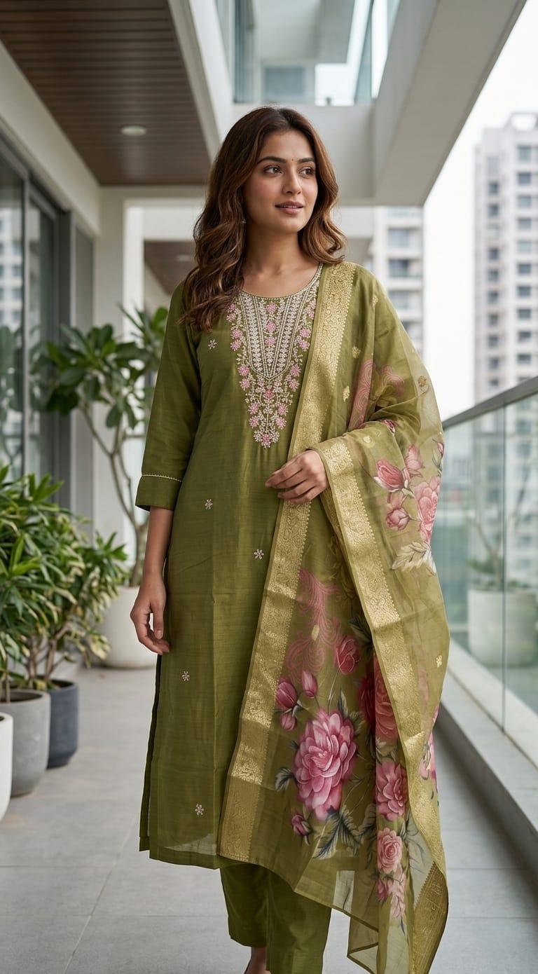 Olive-green ethnic suit set