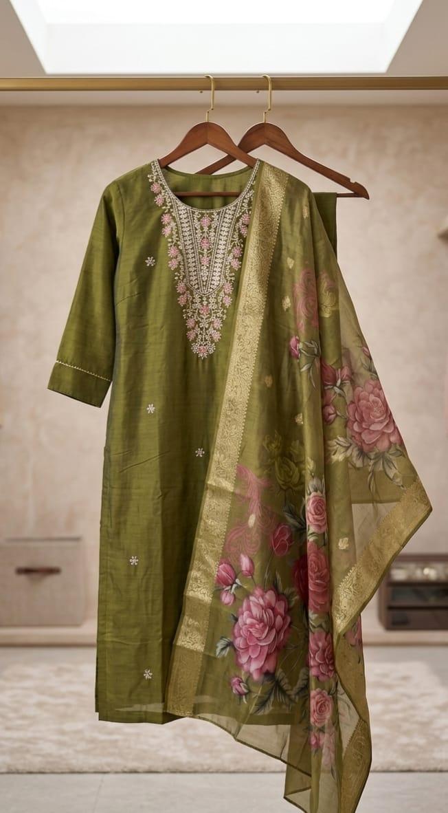 Olive-green ethnic suit set
