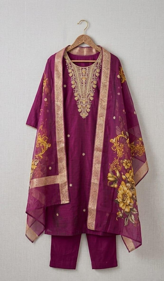 Wine-purple embroidered straight kurta set