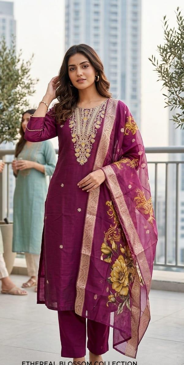 Wine-purple embroidered straight kurta set